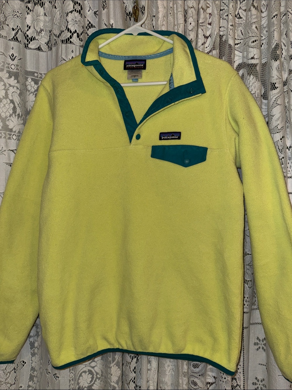 Patagonia synchilla Yellow Fleece Snap Pullover with Teal Trim